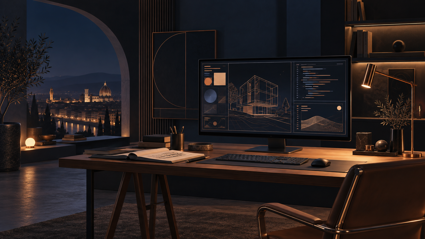 Atelier digitale italiano con una postazione di lavoro, interfacce progettuali e luce calda.
